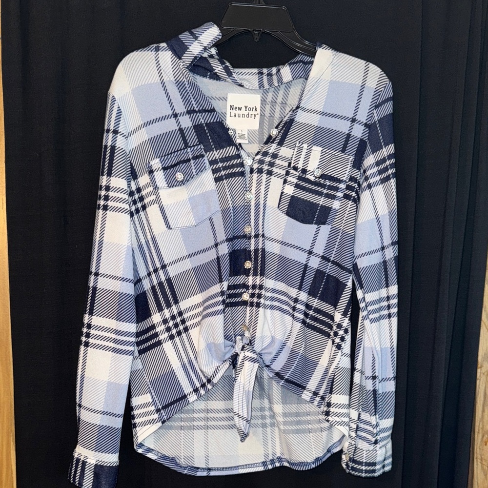 New York Laundry Blue and White Plaid Tie-Front Shirt